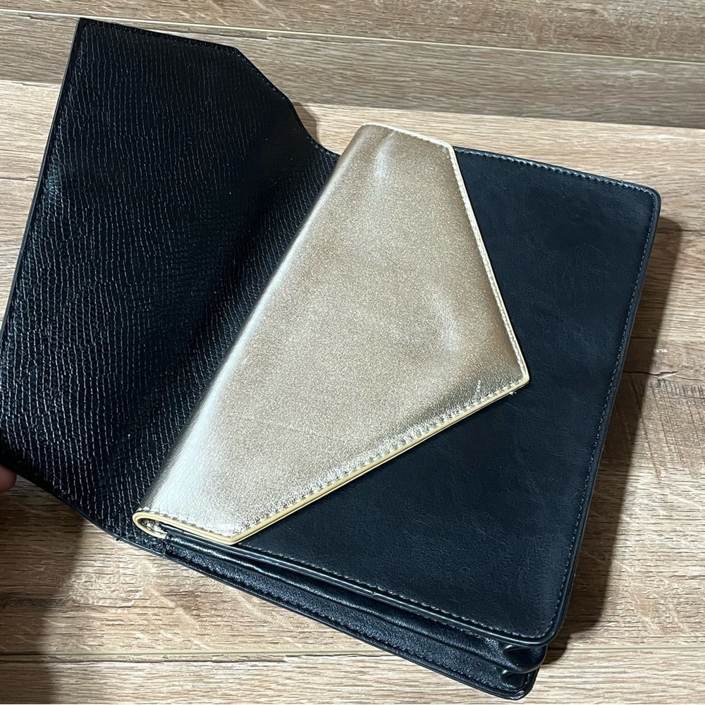 Authentic Bebe Clutch Black and‎ Gold Two Flaps Classic Style Evening Holiday - Picture 8 of 15
